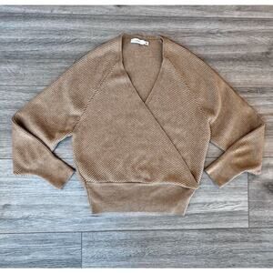 Lush Women's Tan V-Neck Raglan Long Sleeve Ribbed Wrap Sweater Size Medium